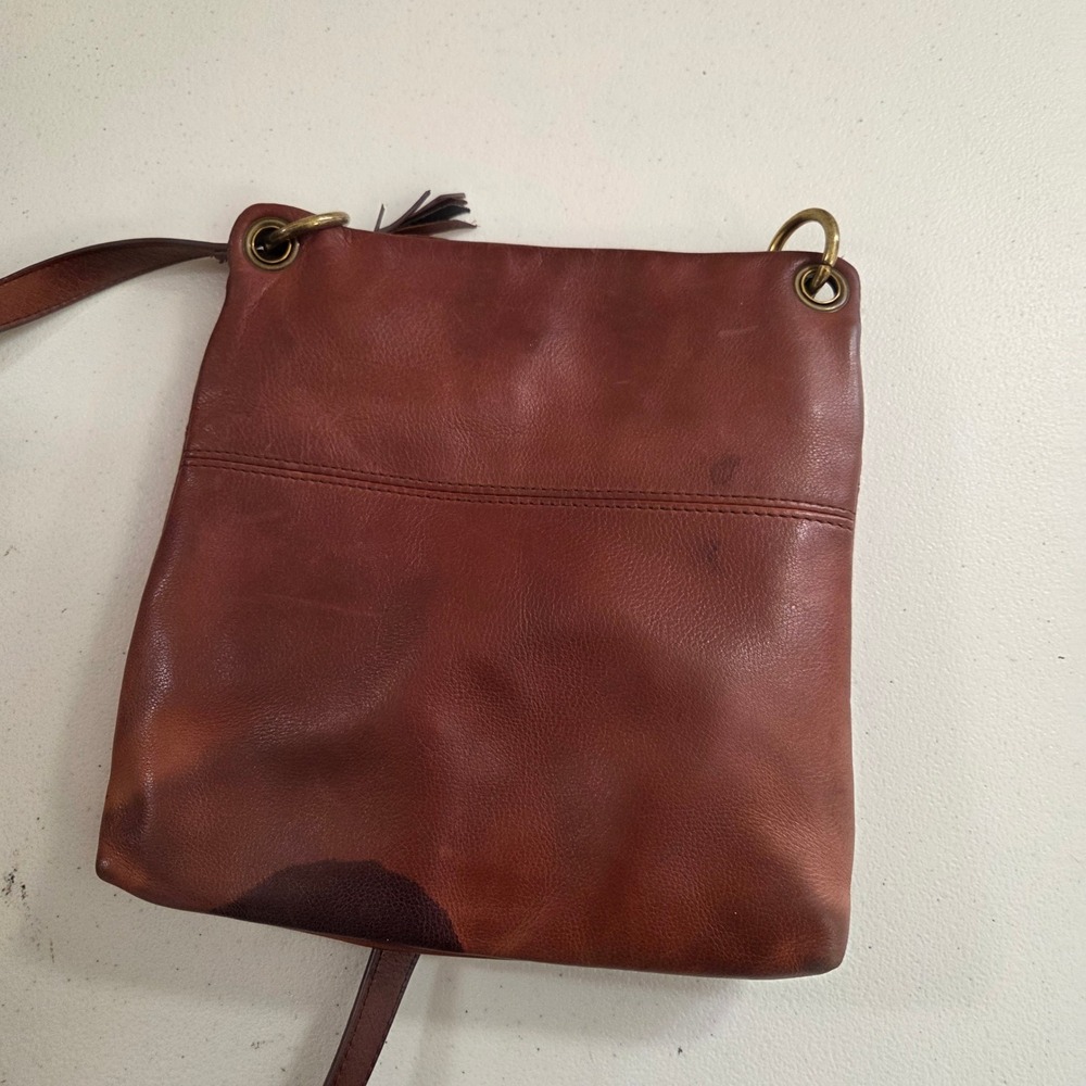 Margot New York Cognac Brown Genuine Leather Triple Zip Crossbody Bag Distressed - Picture 3 of 11